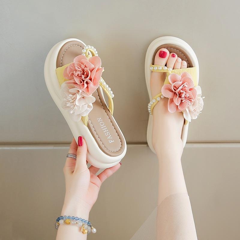 Flower pearl fairy slippers summer new outer wear with skirt sandals platform beach tide shoes