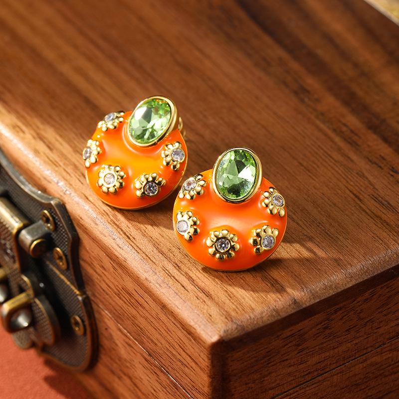 

Copper-Plated Gold Enamel Drip Vintage Earrings with Silver Needle