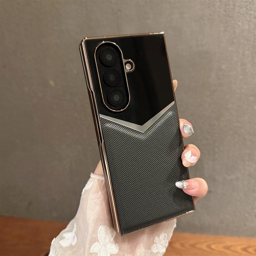 For Samsung Galaxy Z Fold7 5G Case Genuine Cow Leather+PC Contrast Design Phone Cover with Screen Protector