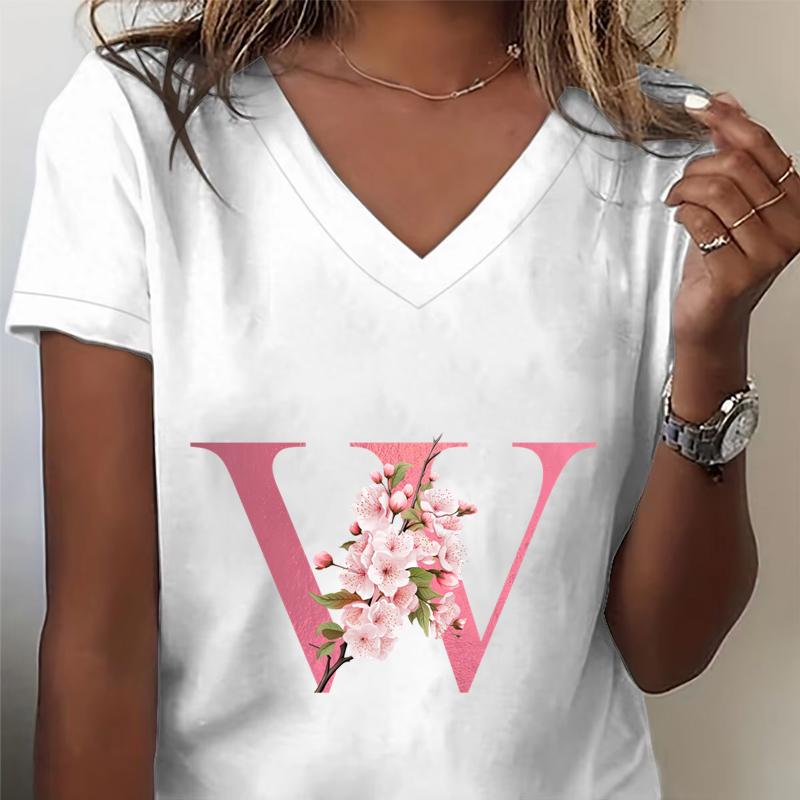 Pink Sakura Alphabet Graphic T Shirts Unisex Az 26 Alphabet Pink Flower Cartoon Tshirts Cherry Blossom Letters C Casual Tops