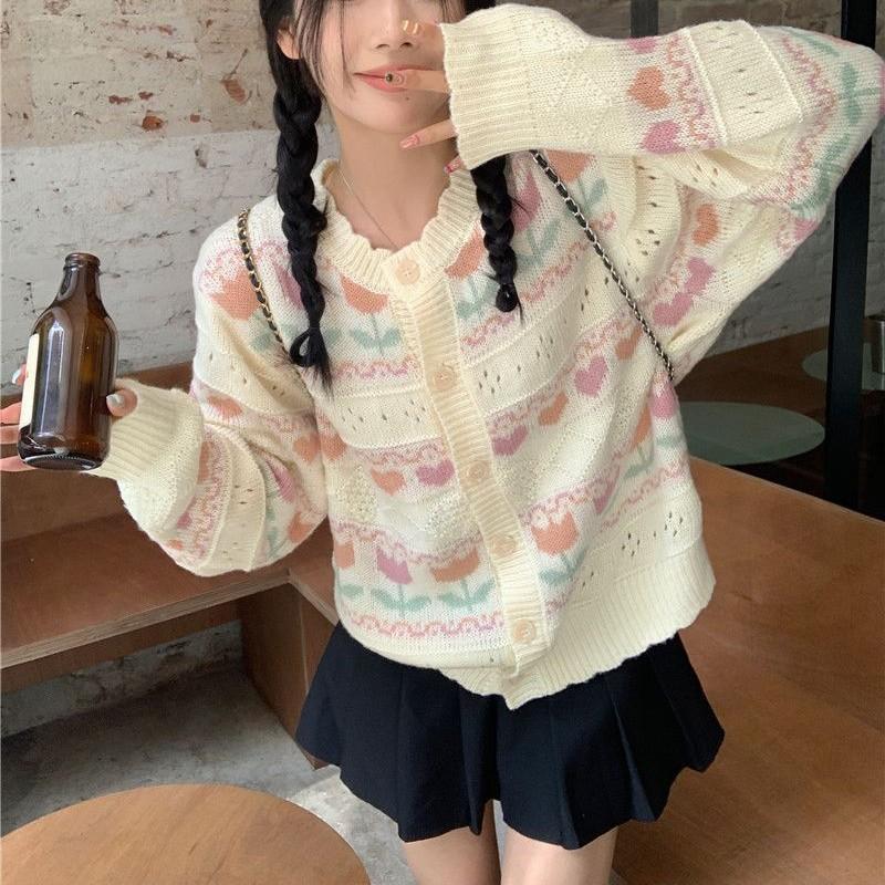 Autumn and Winter Sweater Jacket Female Sweet Fresh Soft Waxy Lace Collar Contrasting Color Small Flower Hollow Long-sleeved Knitted Cardigan