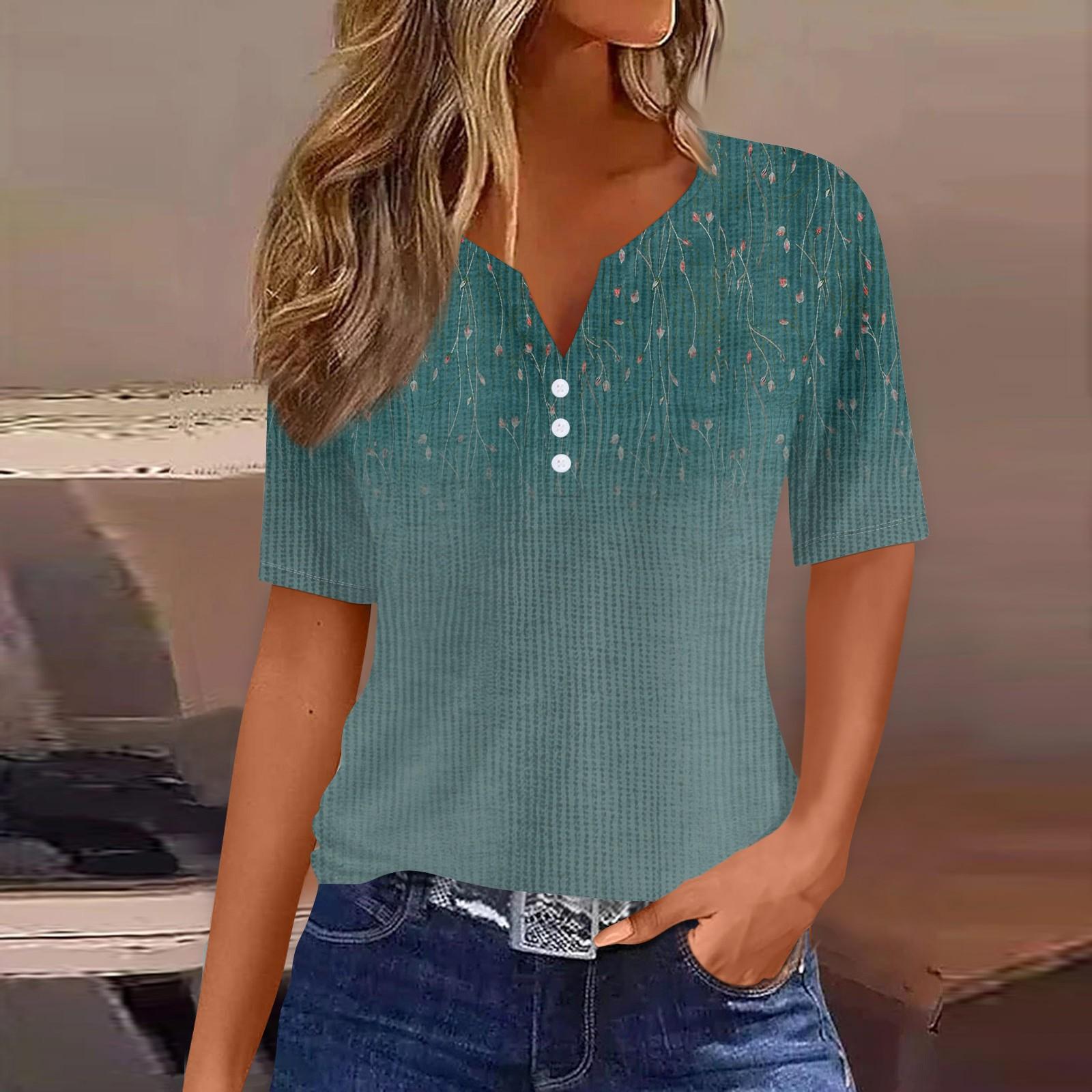 

Футболки для женщин, плиссированные, с V-образным вырезом, нарядные, повседневные блузки с принтом, короткие рукава, летние топы, свободный крой L зелёный