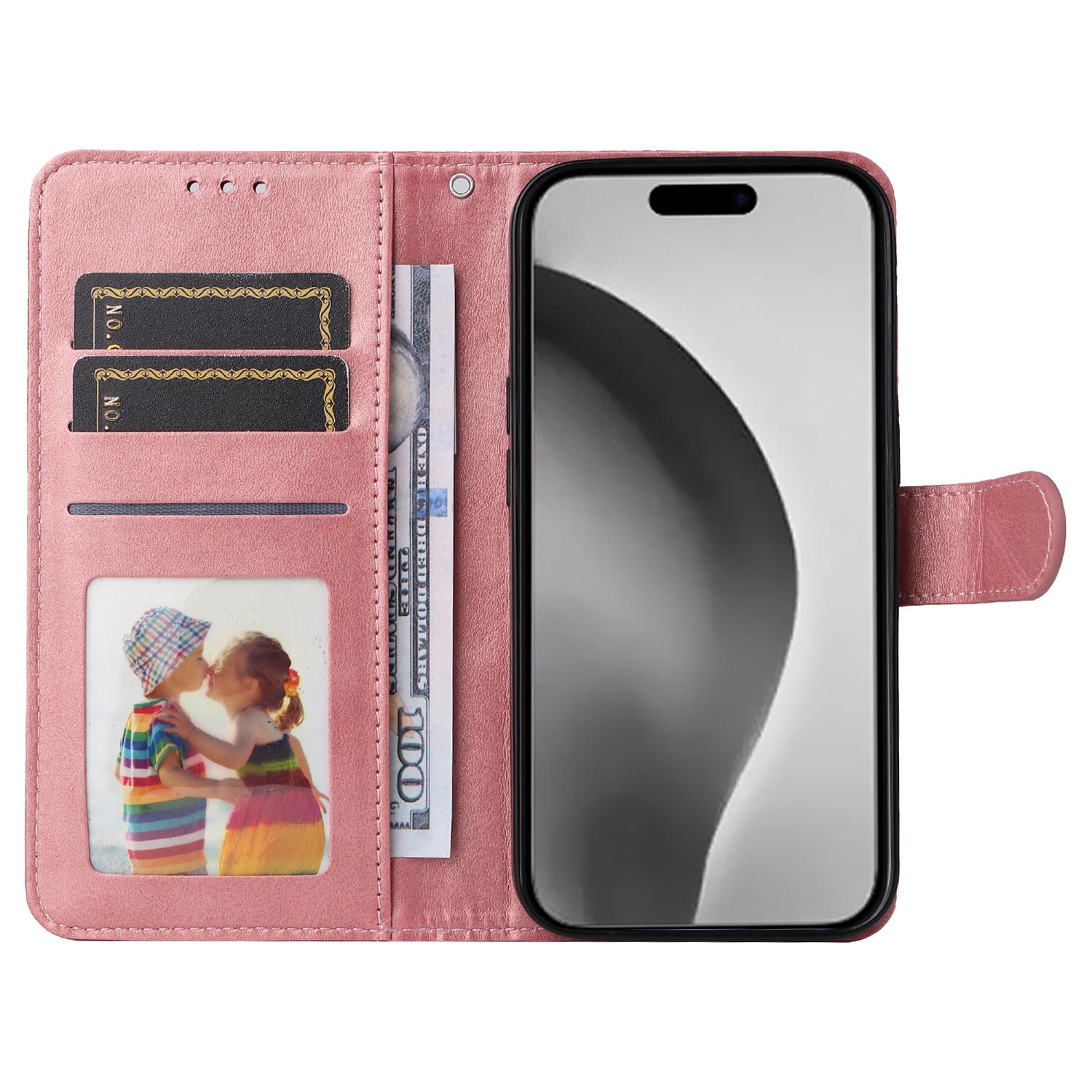 

For iPhone 16 Pro Max Stand Case Card Slot Leather Wallet Phone Cover Pink