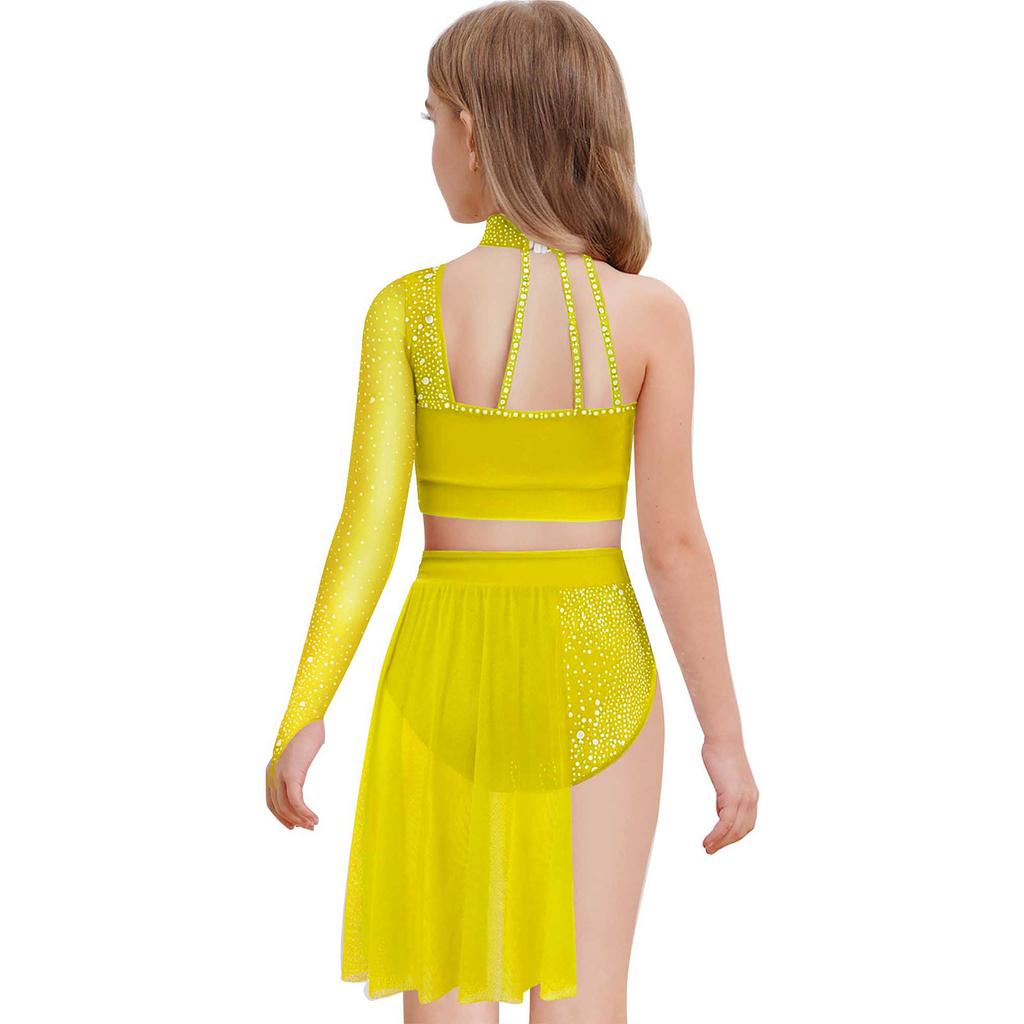 Girls Contemporary Dance Outfit One Shoulder Sheer Mesh Long Sleeve Rhinestone Crop Top with Irregular Skirt