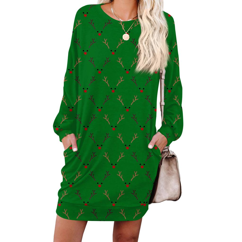 Damen Retro Bedrucktes Modisches Langarm Rundhals Taschenkleid