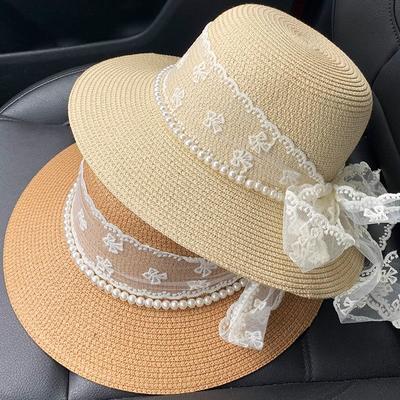 Summer Lace Bow Streamer Straw Hat Women's Vacation Seaside Beach Hat Flat Top Straw Top Hat Sunscreen Sunshade Grass
