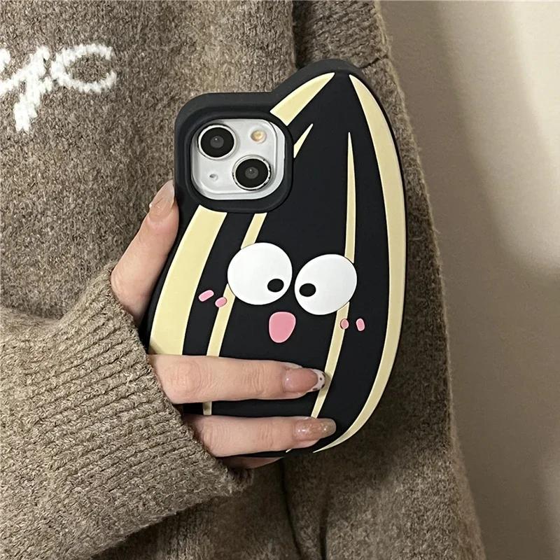 Funny Cartoon Cute Sunflower Seed 3D Silicone Phone Case For iPhone 16 15 13 14 12 16 Pro Max Shockproof Soft Back Cover