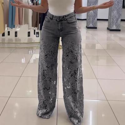 Women's Lace Patchwork Jeans Casual Baggy Straight Wide Leg Denim Pants Mid Waist Floral Hollow Out Jeans