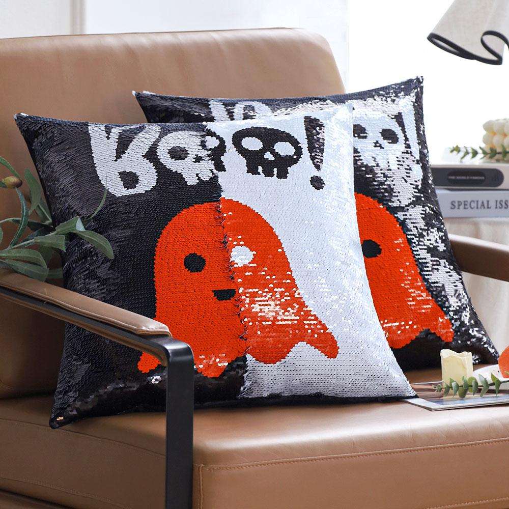 Sequins Throw Pillow Cover Funny Cute Ghost Pillowcase Decorative Cushion Cover for Home Sofa Living Office Car Party Decor