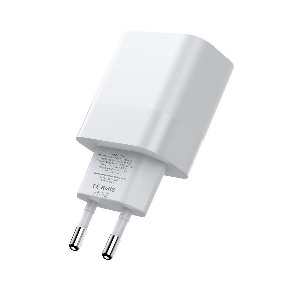 Ładowarka sieciowa C30W USB-C USB-A 30W - biała