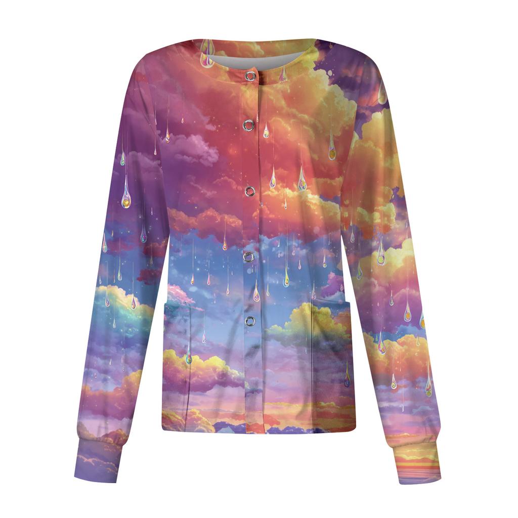 Women's Casual Long Sleeve Single Breasted Printed Dry- Top