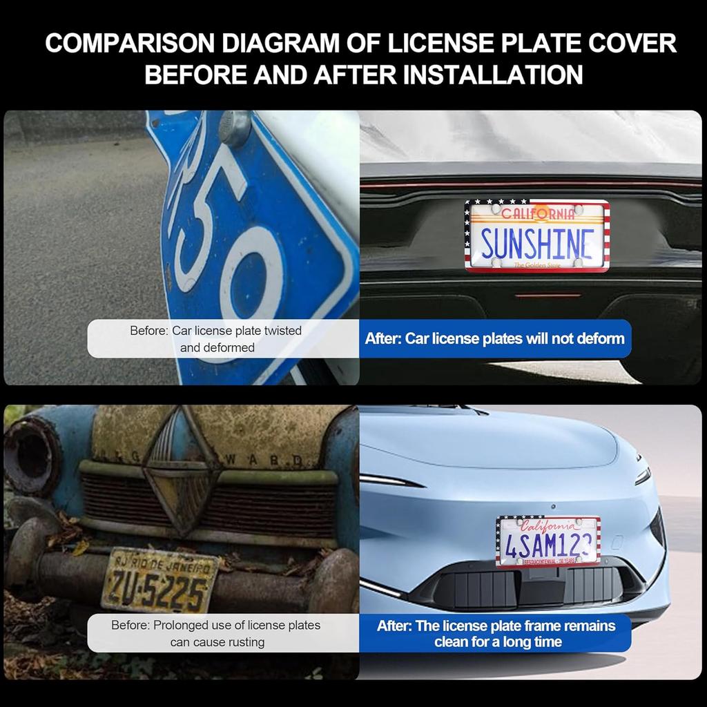 2pcs License Plate Protector Unbreakable License Plate Covers and Frames Set Front and Rear Clear License Plate Cover n Flag License Plate Frames