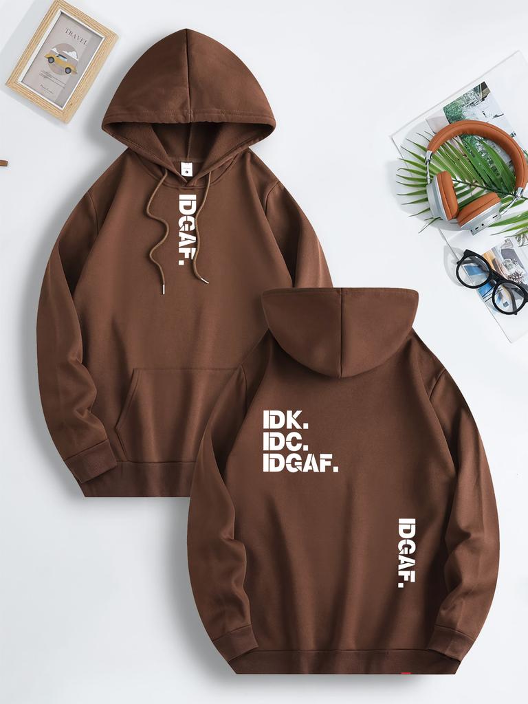 Cozy Fleece-Lined Hoodie with Letter Print - Casual & Sporty Pullover for Men, Machine Washable