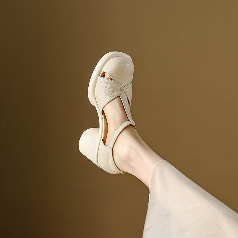 Krazing Pot Sheep Skin Round Toe Size 41 Thick Round High Heels Buckle Straps Hollow Platform Gladiator Autumn Pumps