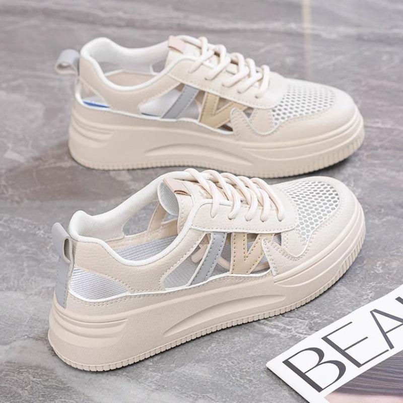 Single shoes women's new summer outer wear thick sole soft sole not tired foot lace-up wear-resistant hollow sports white shoes
