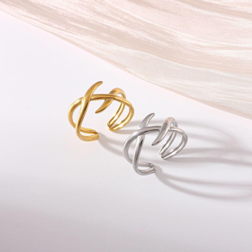 European Titanium Steel Geometric Open Ring – Hip Hop Style with Intersecting Lines