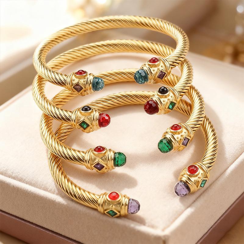2026 Fashion European and American Steel Wire Bracelet Women's Geometric Niche Inlaid with Colored Diamonds Opening Does Not Fade 18k Gold Bracelet