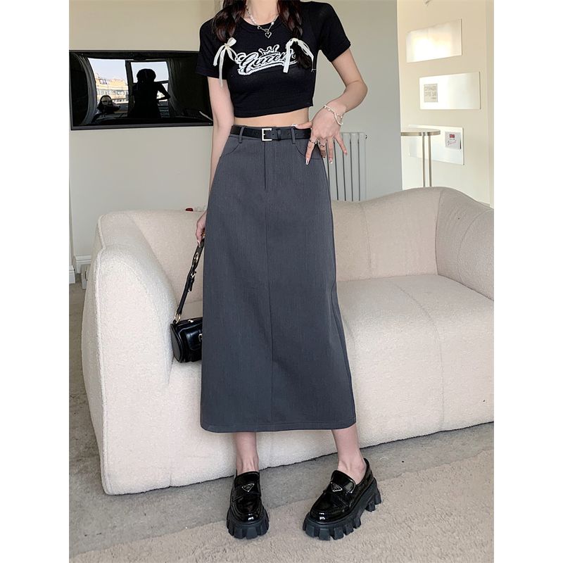 

Fat M Suit Split Skirt Women s Summer Plus size Design Sense Solid Hip Skirt High Waist Slimming Mid-Length Skirts Gray L
