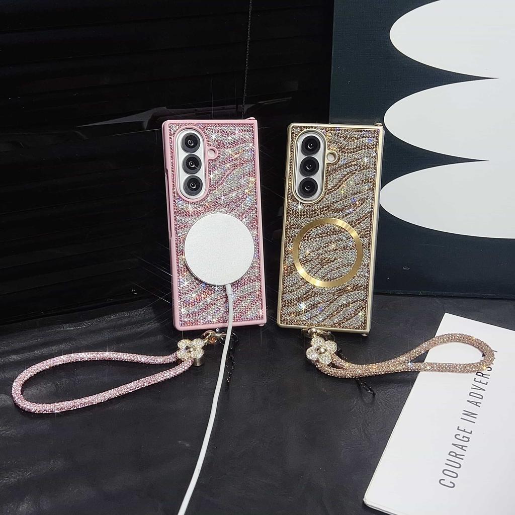 Case for Samsung Galaxy Z Fold7/ 6/ 5/ 4/ 3 with Magsafe Wrist Strap & Crystal Decor Cover Phone Bumpers