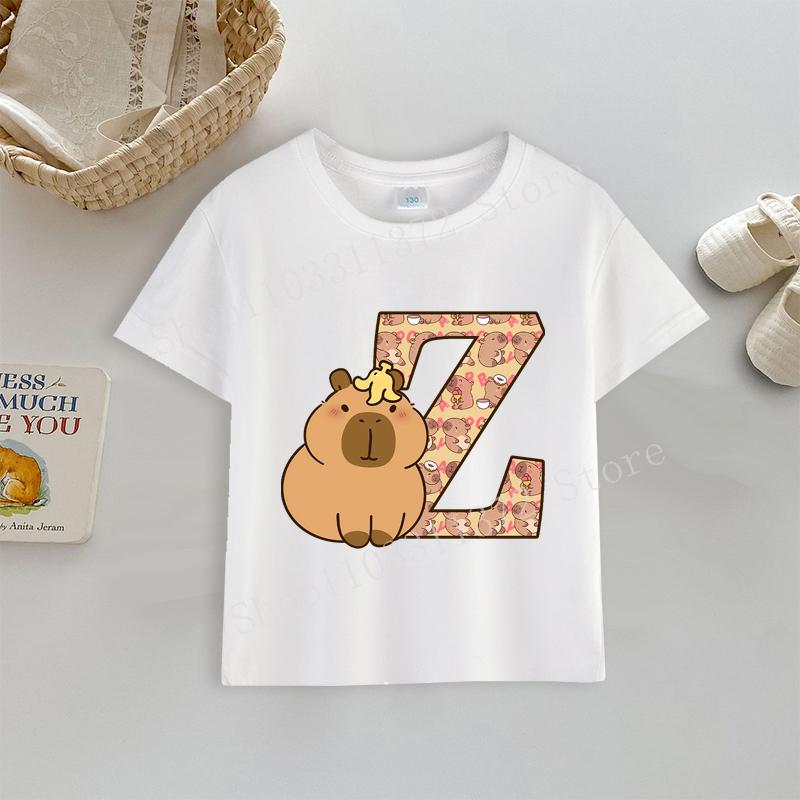 Tričko kapybara Potisk písmen A-Z Top Roztomilý Kreslený Anime Chlapecké Dívčí Oblečení Bavlna Kulatý Výstřih Kojenecké Krátký Rukáv Venkovní Oblečení