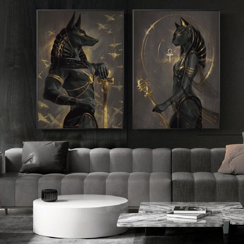 Stampe Poster Antiche Egizie di Bastet per Soggiorno Decorazioni per la Casa Mitologia Egizia Bastet Dea Gatto Pittura su Tela Arte da Parete