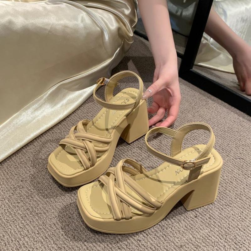 Buckle square head platform sandals summer new square heel open toe cross with high heel sandals women