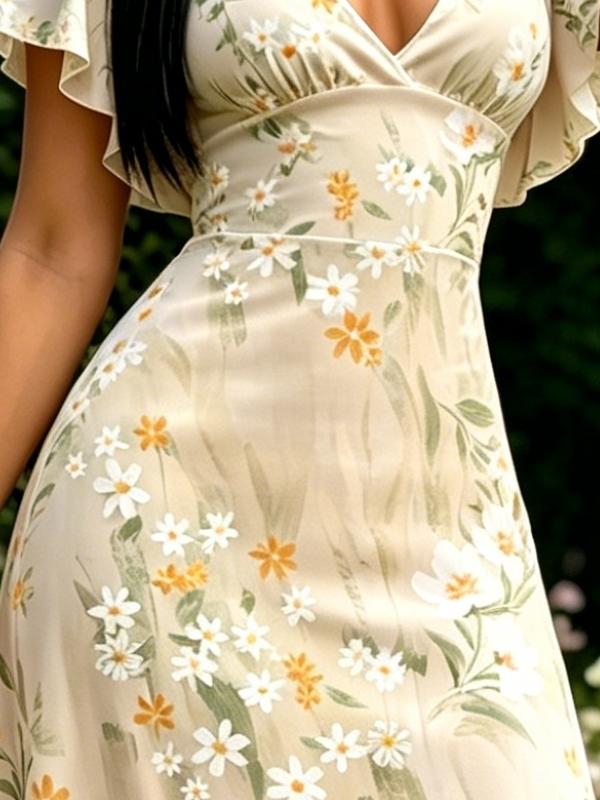 Summer Women's Off-White Daisy Floral Print V Neck Flutter Sleeve A-Line Maxi Dress Picnic Dress