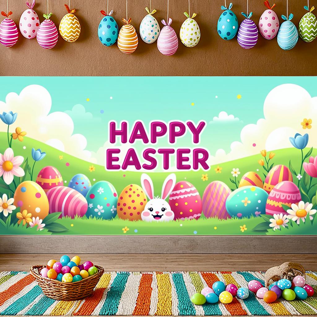 Happy Easter Banner Bunny Ears With Colorful Eggs Butterflies Backdrop Decorations Spring Celebration Background Party Supplies