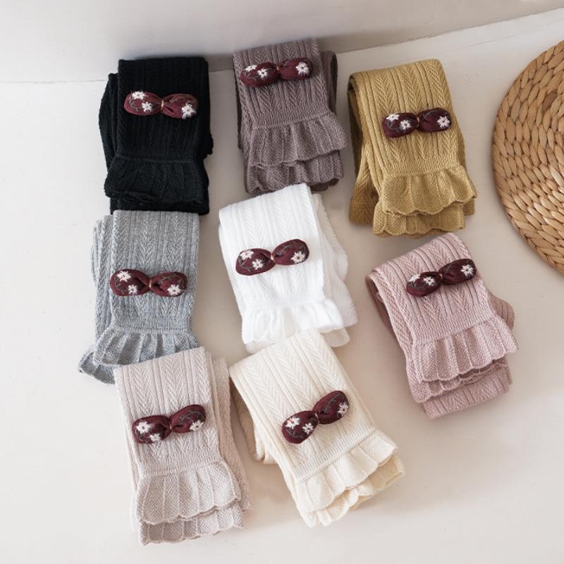 Lovely Baby Girls Trousers Solid Color Cartoon Trousers Knit Side Bowknot Trim Leggings Soft Warm Spring Autumn Cotton Tights