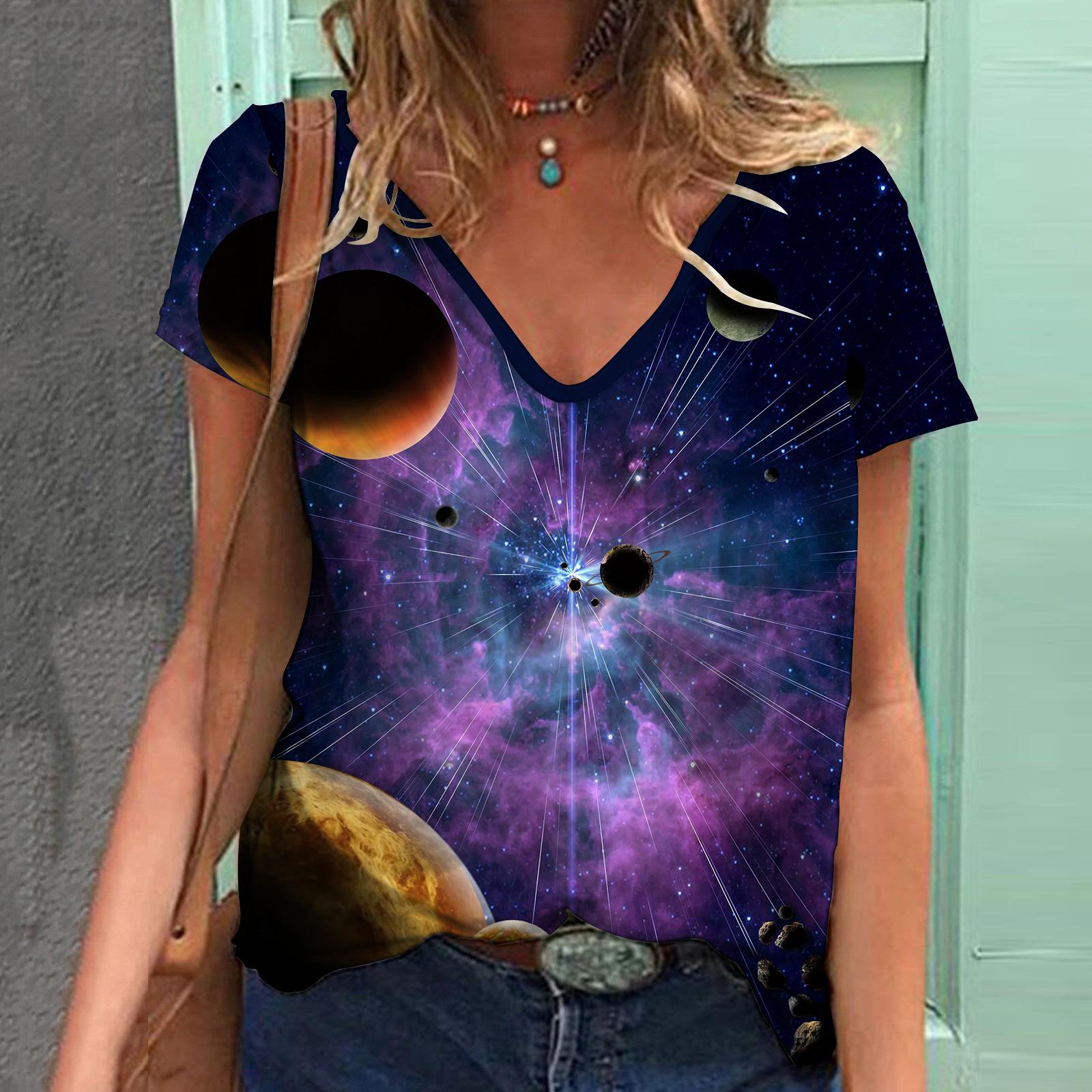 Летняя модная футболка женская контрастная строчка лунный свет цифровой 3D принт топы — фото 17