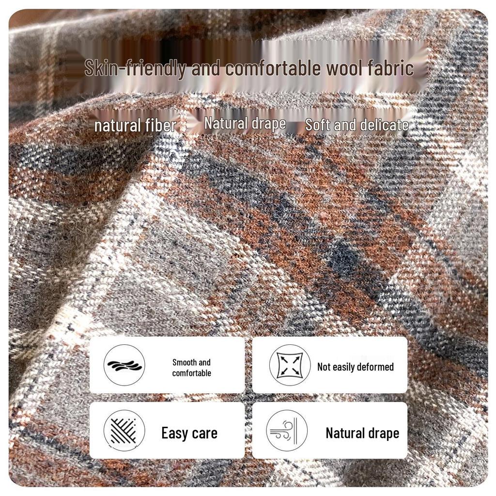 Women's High-Waist A-Line Woolen Plaid Skirt - Mid-Length, Pleated, Slimming, Elastic Waist