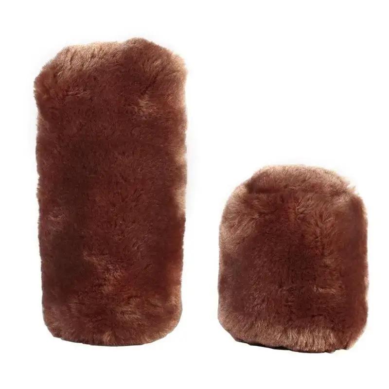 Solid Soft Warm Long Wool Fuzzy Steering Wheel Cover Handbrake Cover Gear Covers Car Accessory Sheep Fur Plush Protector Cover
