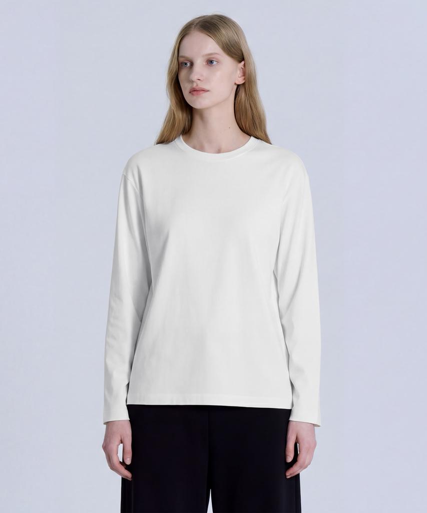 BASIC HOUSE Women'S 40-Count Relaxed Fit Crew Neck Long Sleeve T-Shirt Ivory Lats0207
