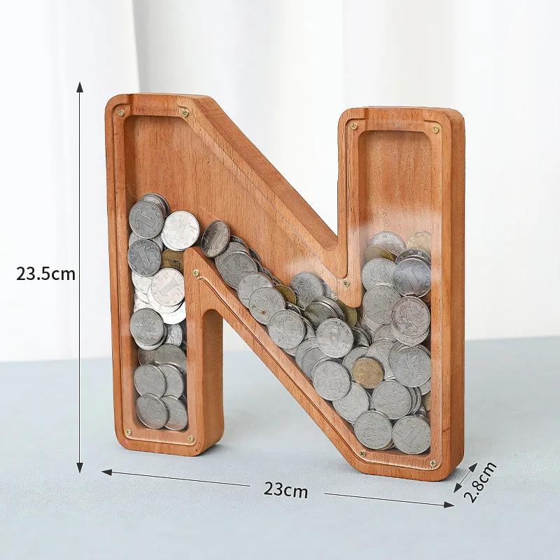 23cm Large Size Twenty-six Letter Piggy Bank Wooden Coin Money Saving Box Jar Coin Storage Box Desktop Ornament Home Decor Craft