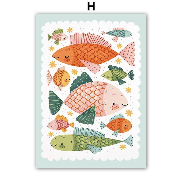 Colorful Cat Rabbit Lemon Apple Flower Leaf Wall Art Canvas Painting Abstract Cartoon Posters Prints Pictures Kids Room Decor