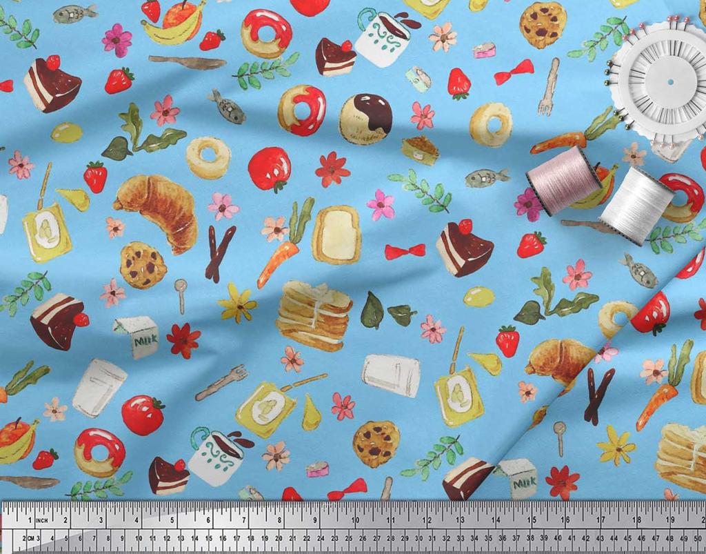 Soimoi Japan Crepe Satin Fabric Fruits,Bread & Donut Food Decor Fabric Printed metre 42 Inch