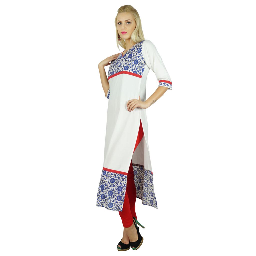 Bimba Women White Indian Ethnic Custom Kurti 3 4th Sleeve Tunic Long Blouse