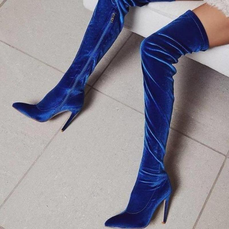 

Fashion Velvet Long Boot for Women New Spring Autumn Over Knee Shoes Lady Pointed Toe Stiletto Heels Plus Size 34-43 Elastic Thigh Boots 34 синий