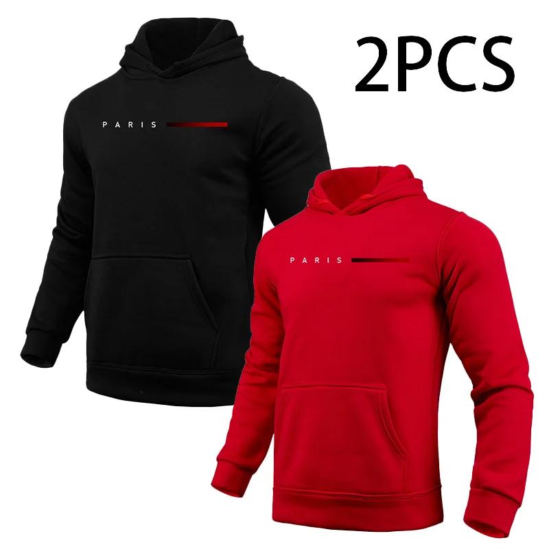 2pcs Hoodies Male Autumn Winter Hooded Long Sleeve Pullover Paris Printed Sweatshirt Urban Fashion Casual Sporty Hoody Coat