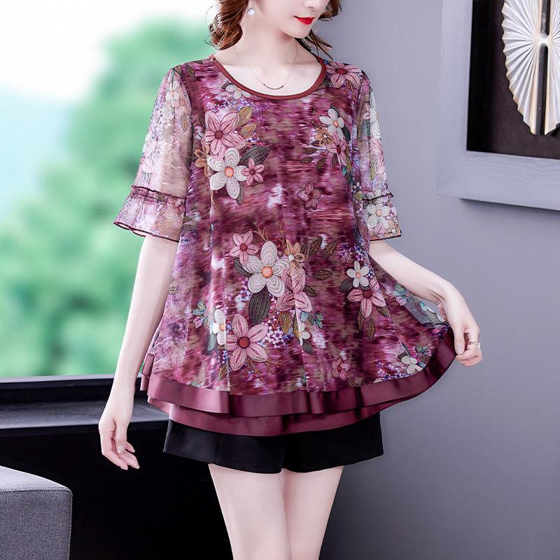 Printing T-Shirts Round Neck Floral Patchwork Short Sleeve Leisure Gauze Loose Thin Summer Korean Casual Women's Clothing 2023