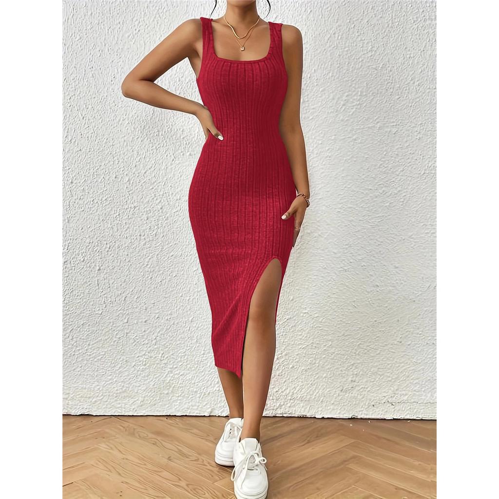 Women's Sleeveless Square Collar Suspender Furry Vertical Vest Dress Elegant Sexy Slit Legs Midi Dress