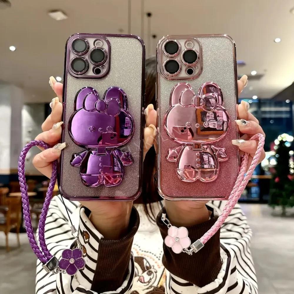 Luxury Glitter Rabbit Mirror Phone Case For Honor X6 X6S X7 X7A X8 X8A X8C 4G X8B X9 X9A Four Leaf Clover Hand Rope