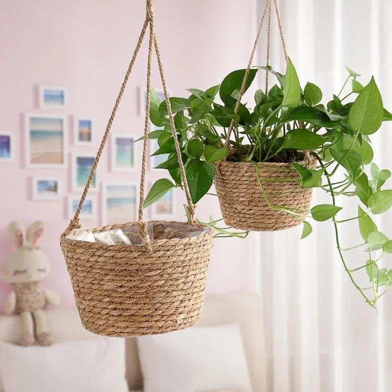 Home Decor Garden Plant Storage Basket Hanging Flower Pot Woven Indoor Outdoor Flower Pot Rack Lace Plant Hanger