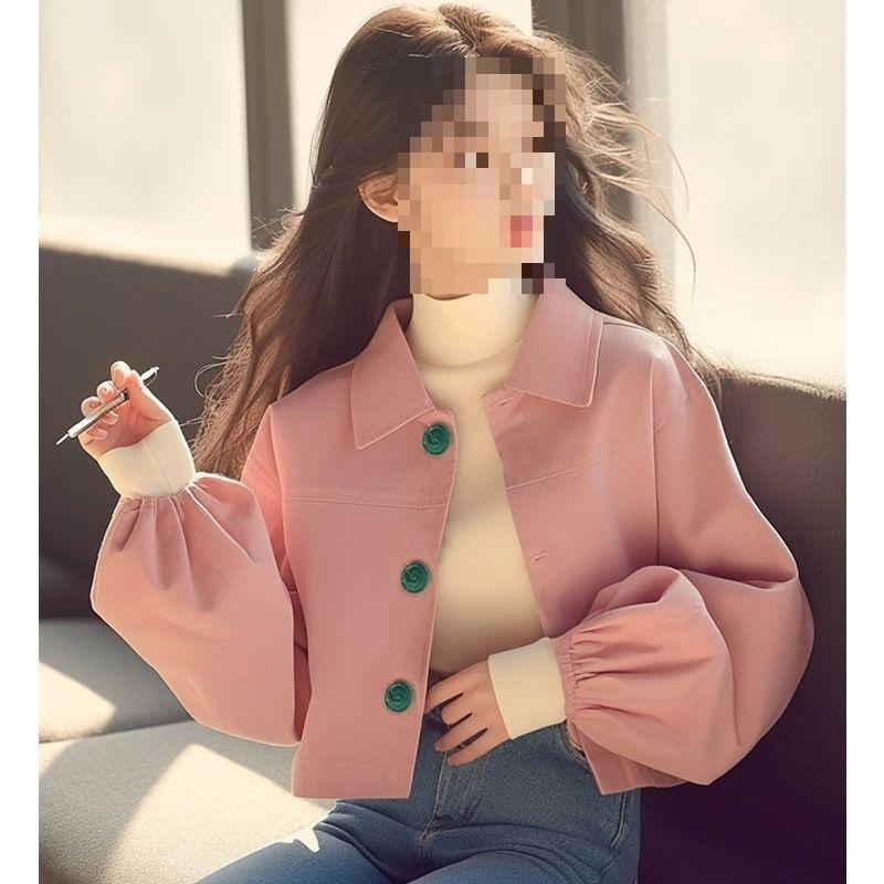 Petite 2024 Fall/Winter Pink Lantern Sleeve Korean Style Women s Stand Collar Jacket M