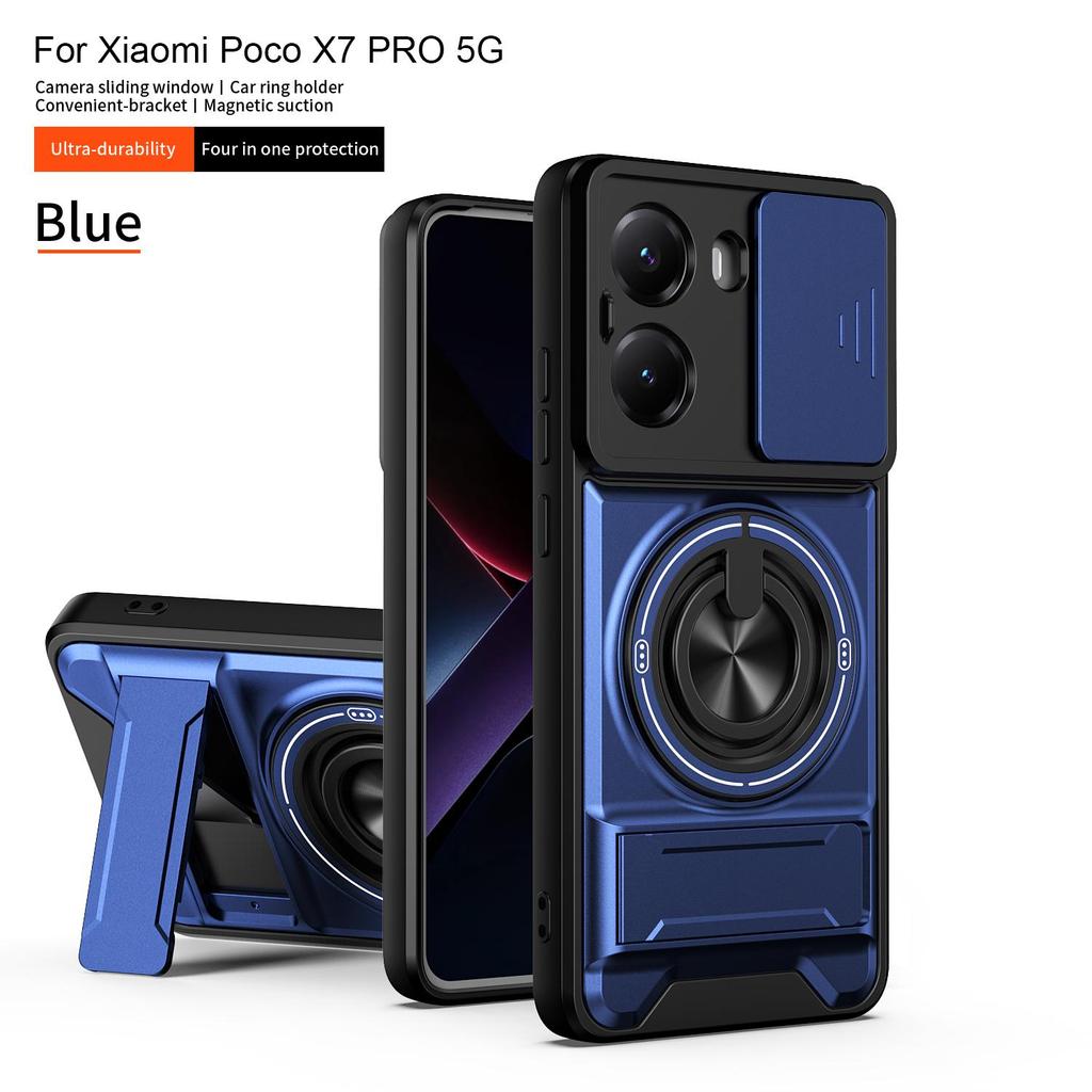 Phone Case Compatible for Xiaomi Poco X7 Pro 5G Case with Built-in Ring Stand Sliding Camera Lens Cover