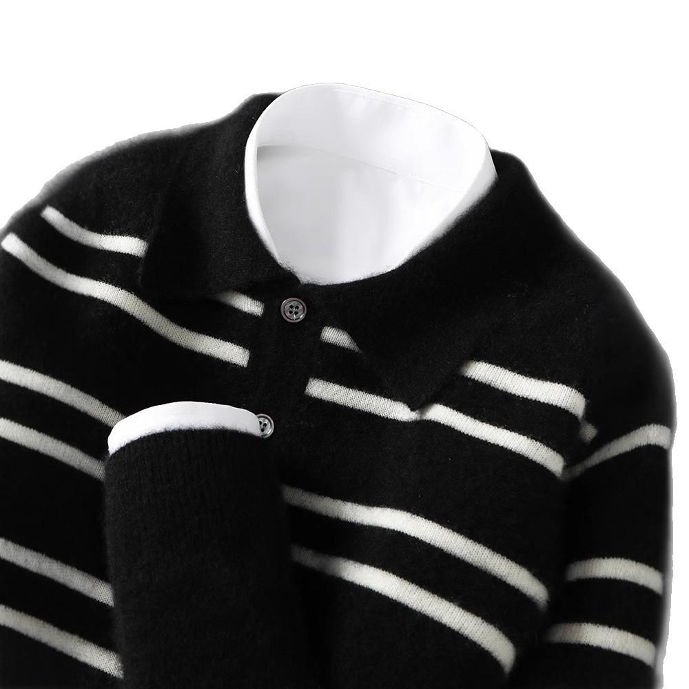 Men's 100% Wool Color Block Stripe Polo Collar Sweater, Autumn/Winter Collection