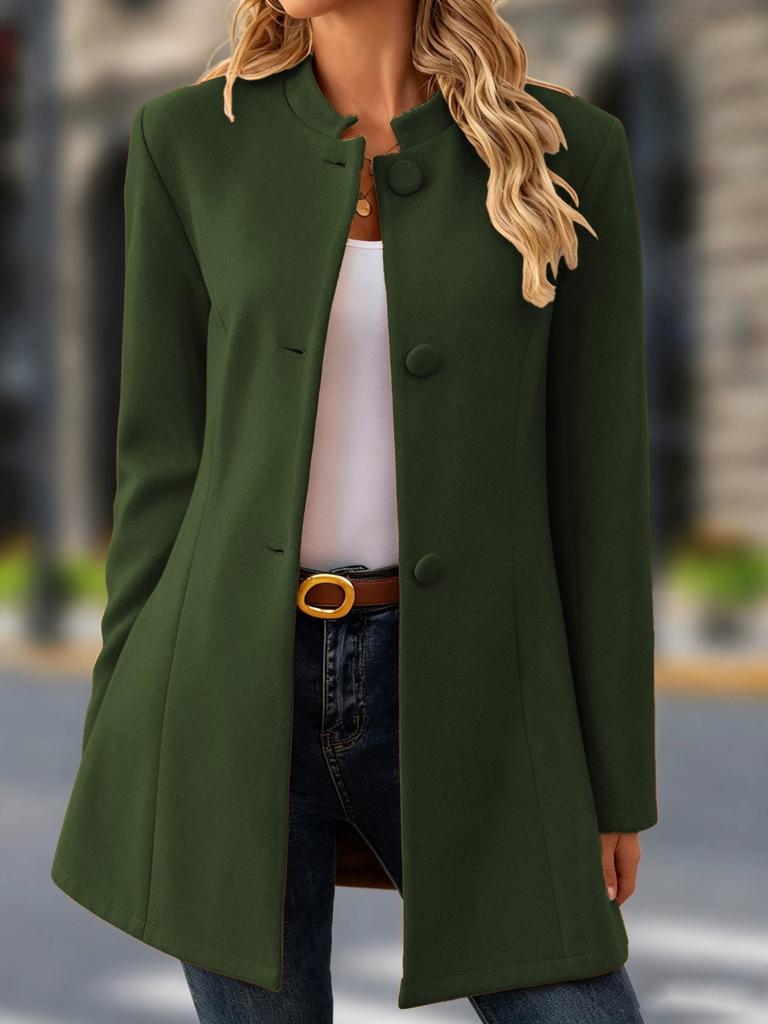 Women S Casual Stand Collar Mid Length Woolen Coat For Daily Wear