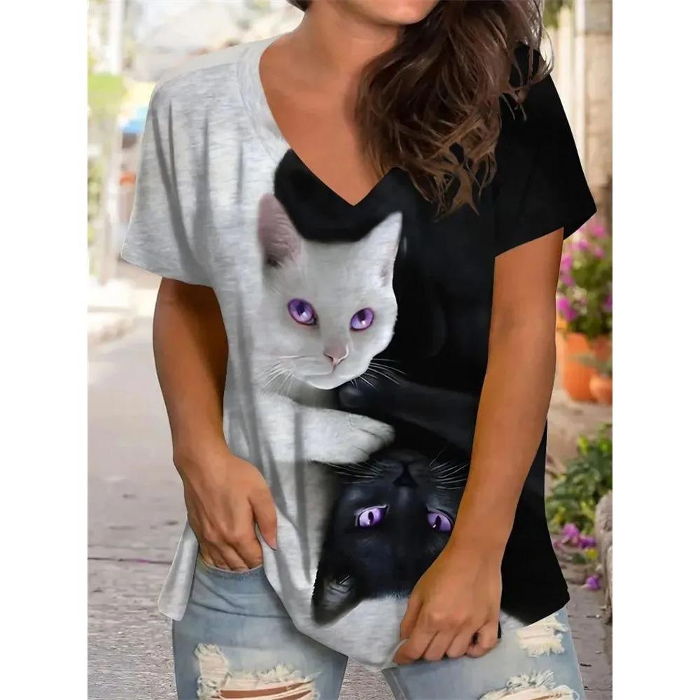 Summer V-neck Cute Cat Pattern 3D Printed Top Fashionable Casual Short Sleeved Women's T-shirts