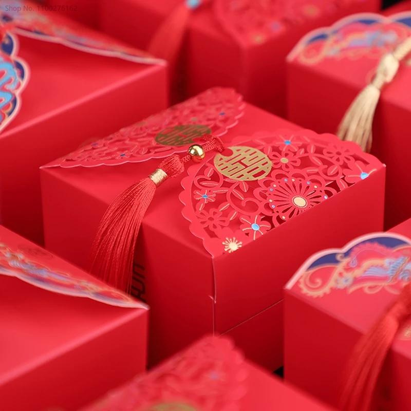 50pcs Retro Red Chinese Style Candy Boxes Wedding Gifts for Guests Mariage Paper Chocolate Packaging Box Boite Gateau Mariage