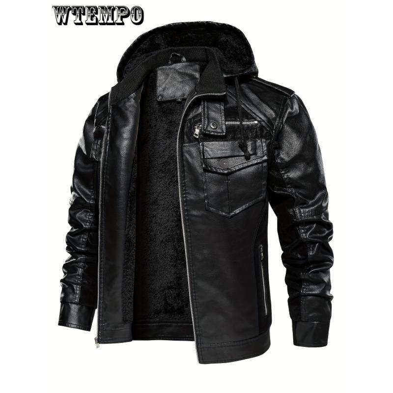 Men's Casual Windproof Faux Leather Jacket with Fleece Lining - Hooded, Zip-Up, Long Sleeve - for Fall/Winter -  Suitable for Outdoor Activities